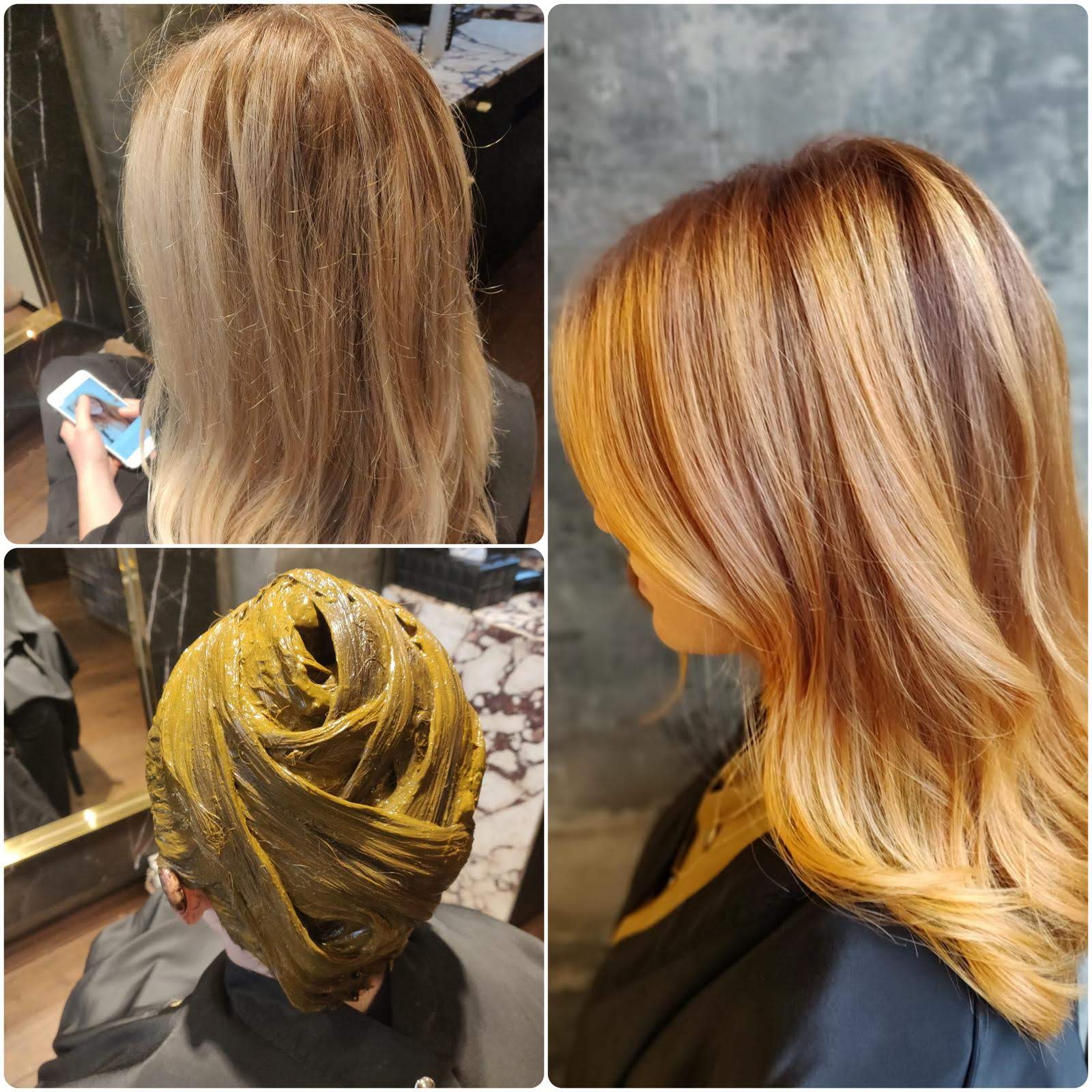 Hair transformation before and after at GA Salons showing natural coloring results