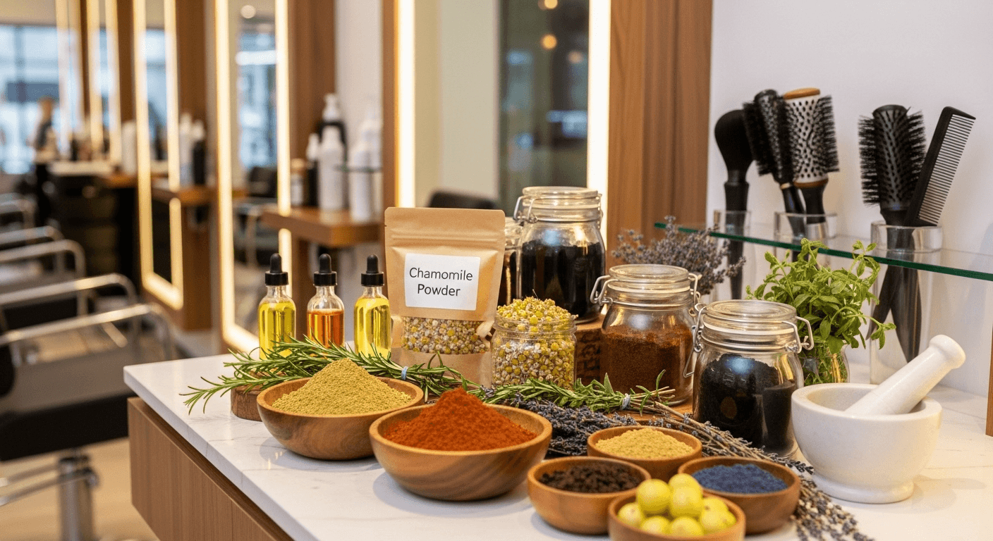 Professional display of natural hair coloring ingredients including henna and plant-based dyes