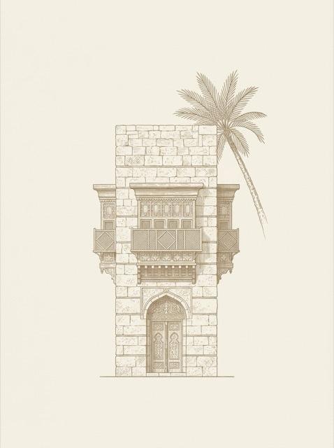 Engraving of a Jeddah roshan house