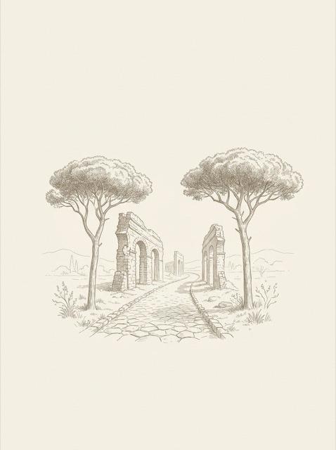 Engraving of the Appia Antica pines and aqueduct
